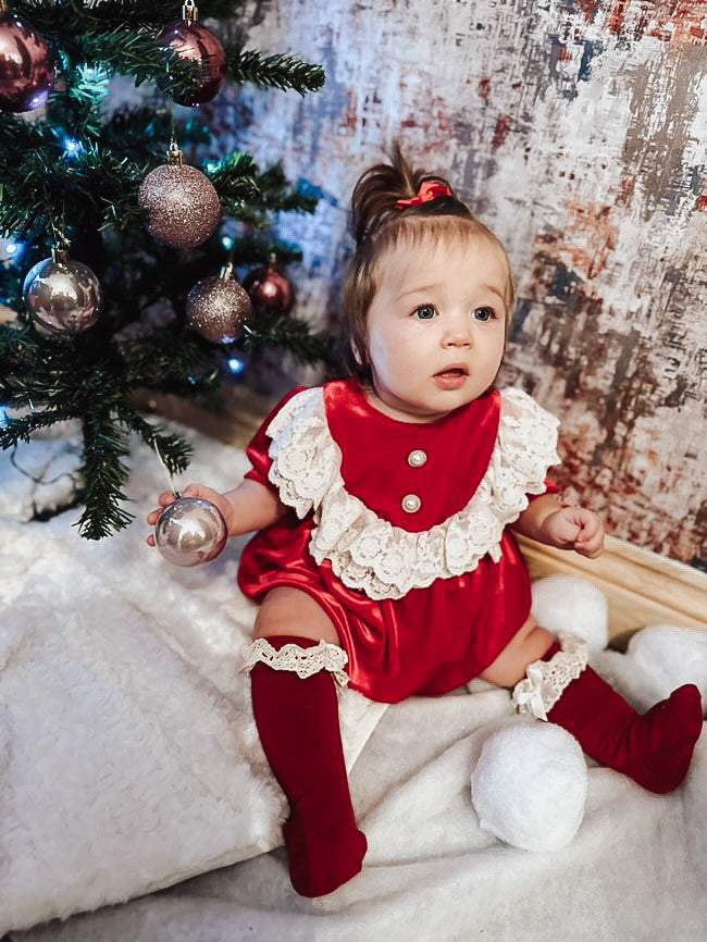 Christmas Red Velour Lace Skirted Romper