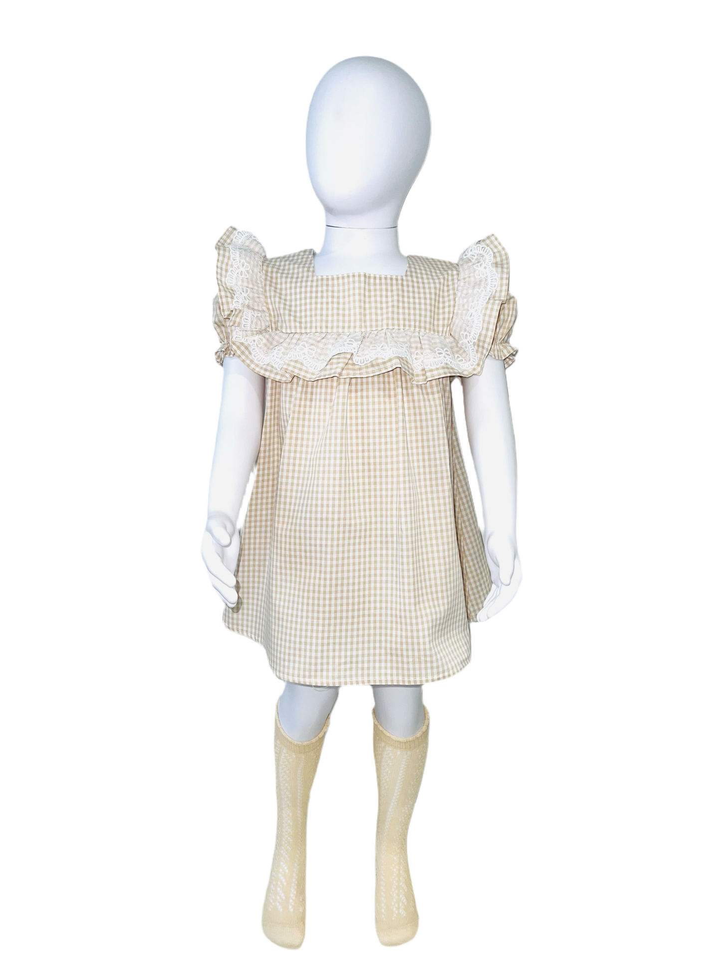 Beige Gingham Bow Dress