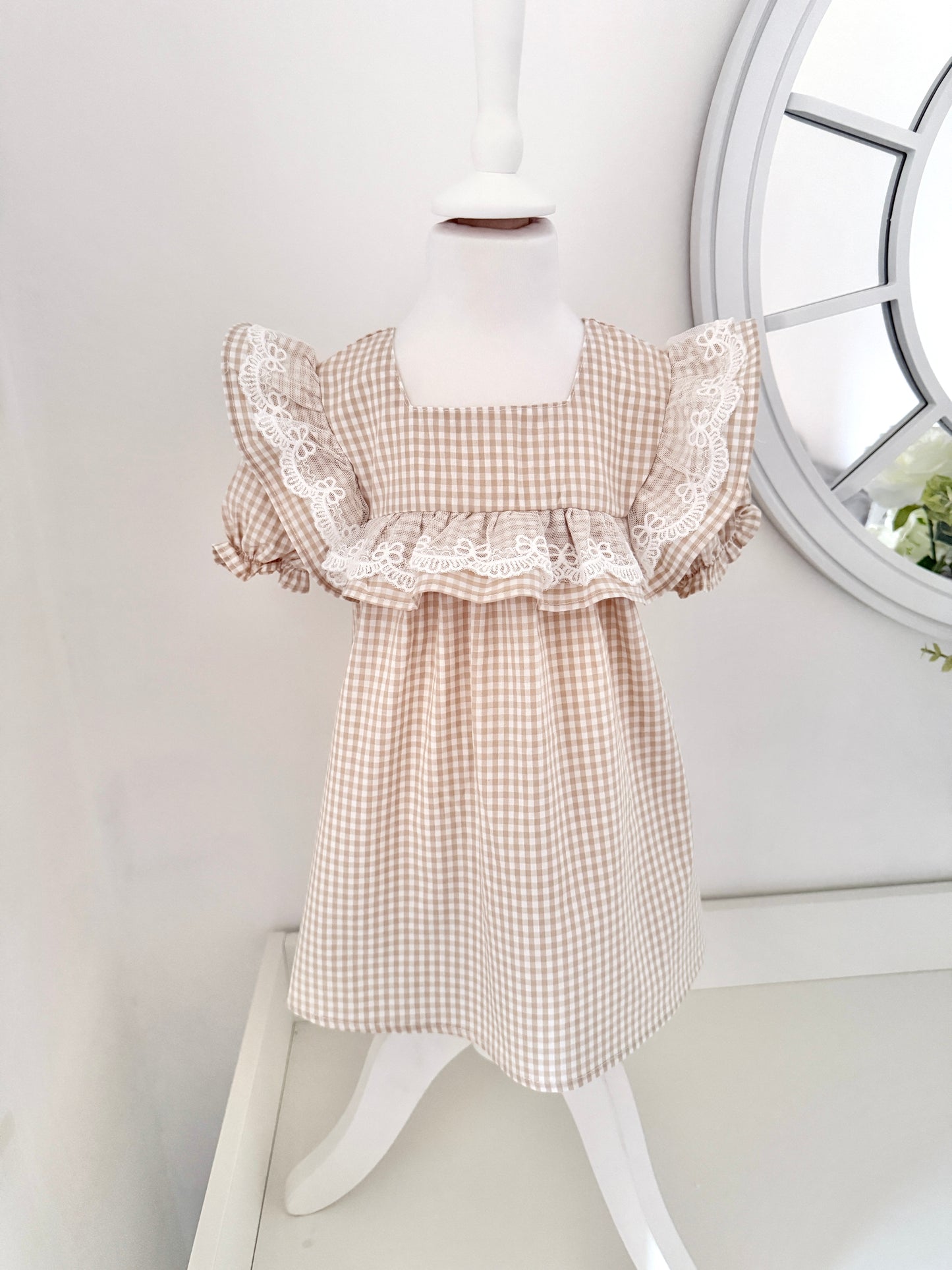 Beige Gingham Bow Dress
