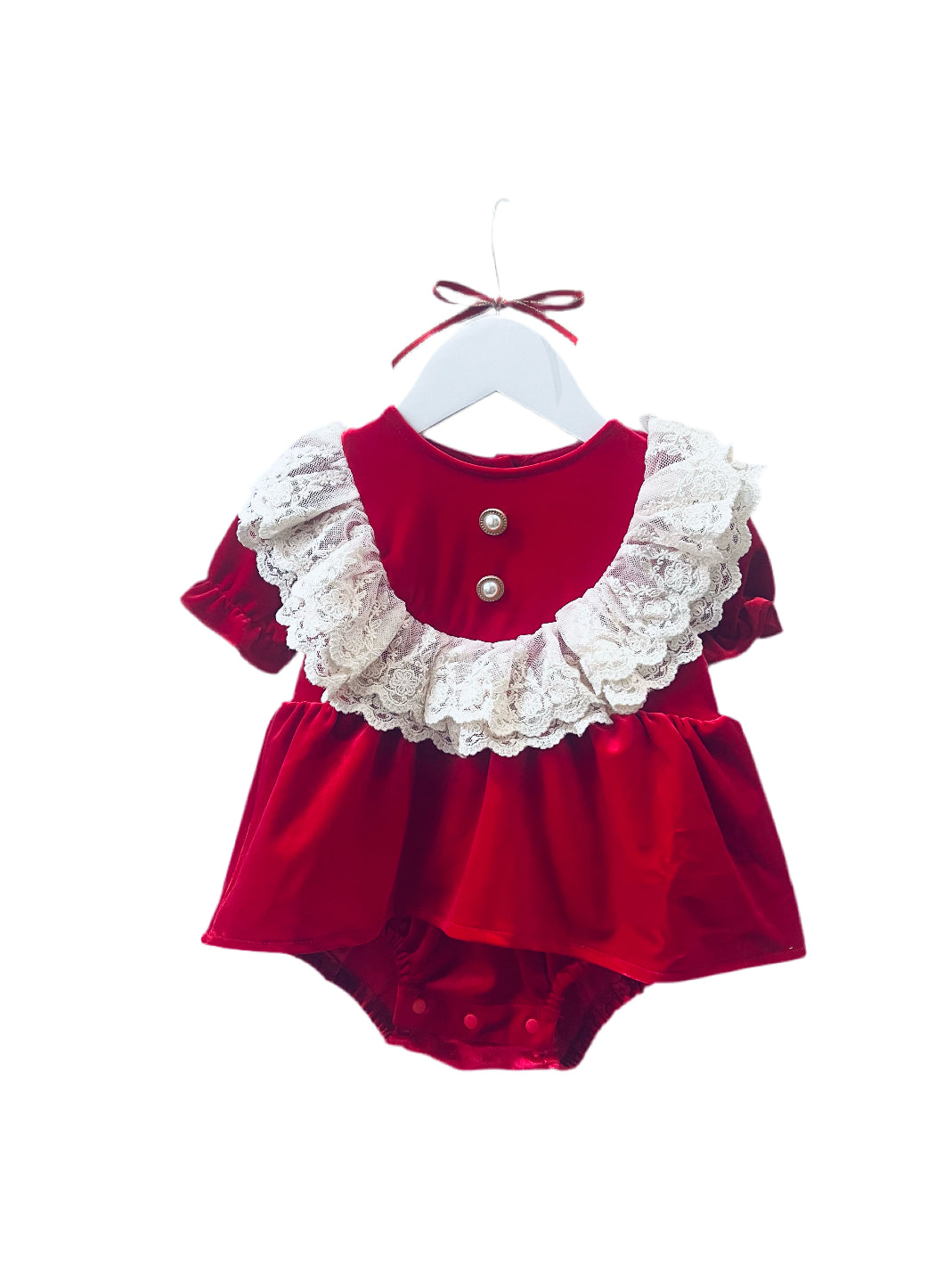 Christmas Red Velour Lace Skirted Romper