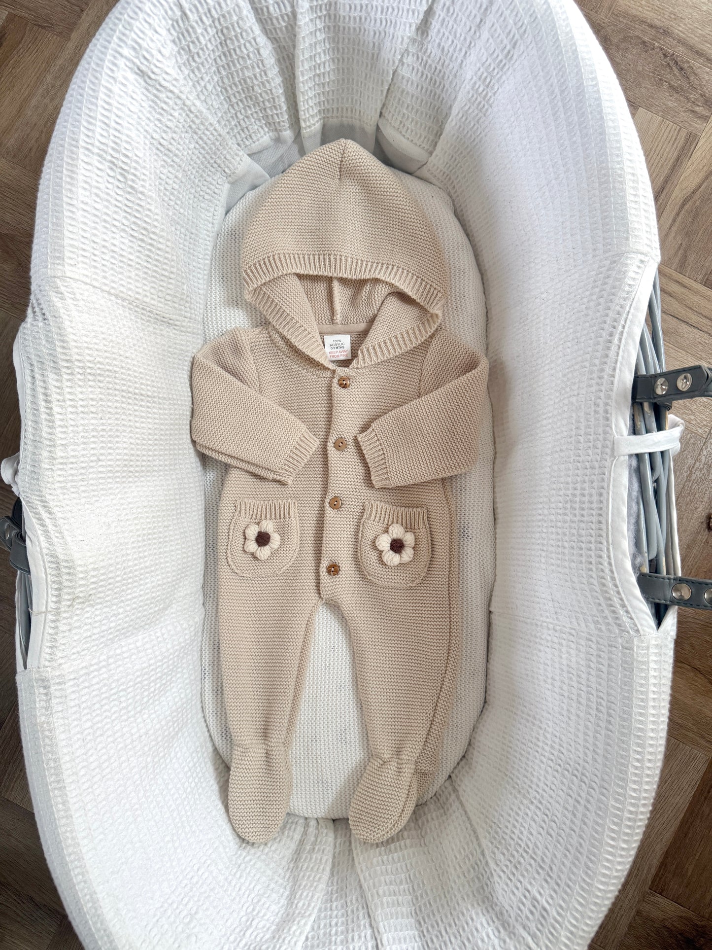 Knitted Beige Crochet Cream Flower Pram Suit