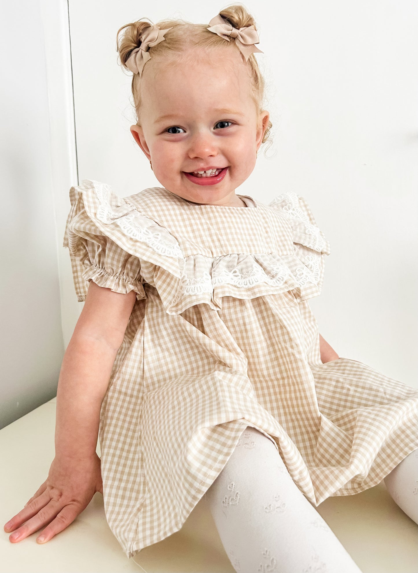 Beige Gingham Bow Dress