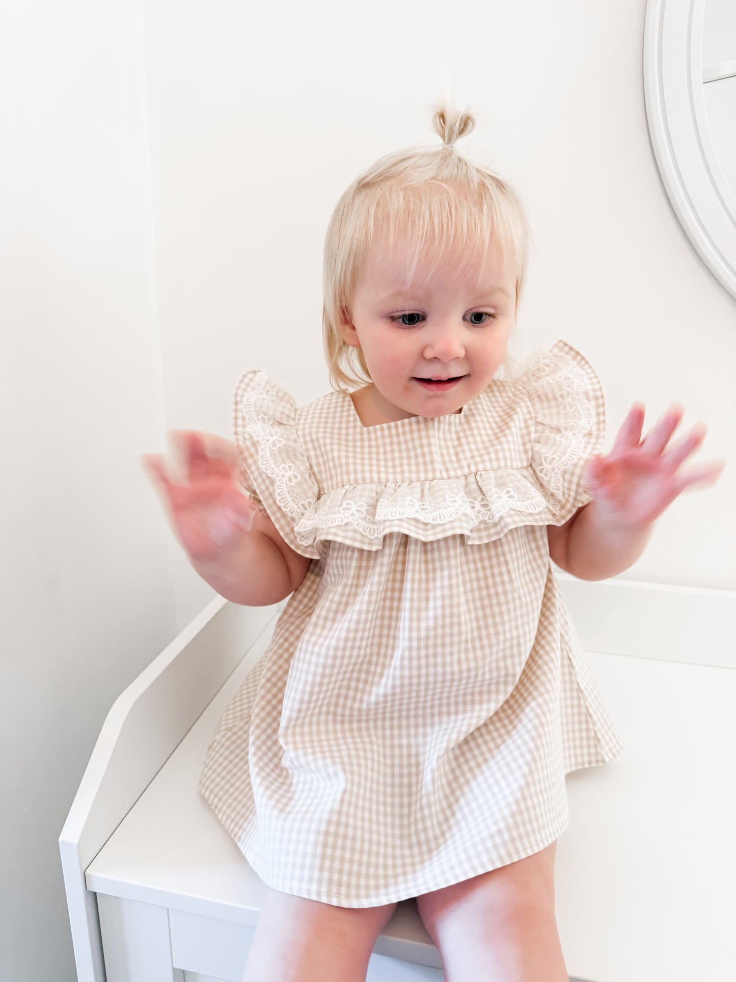 Beige Gingham Bow Dress