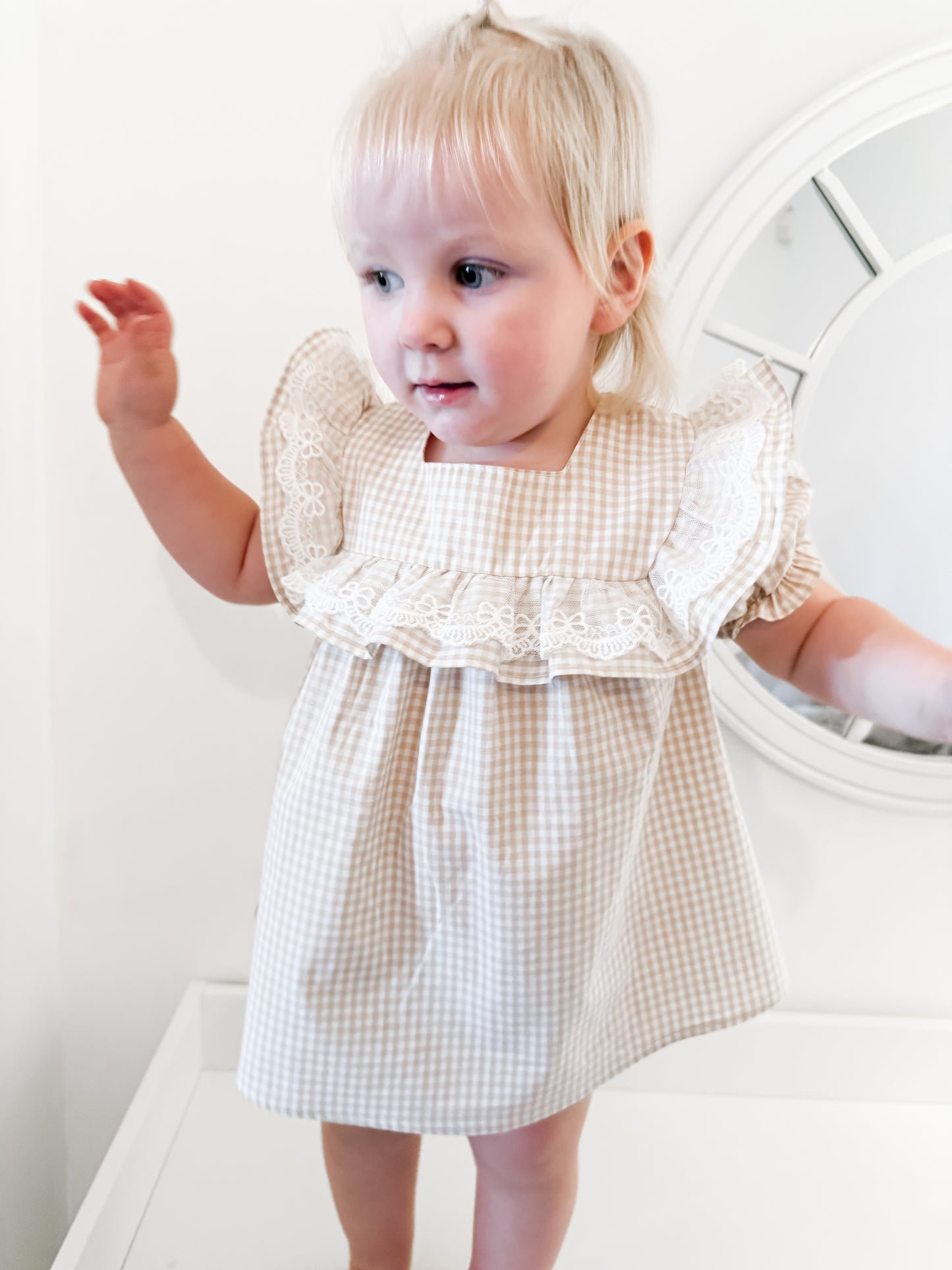 Beige Gingham Bow Dress