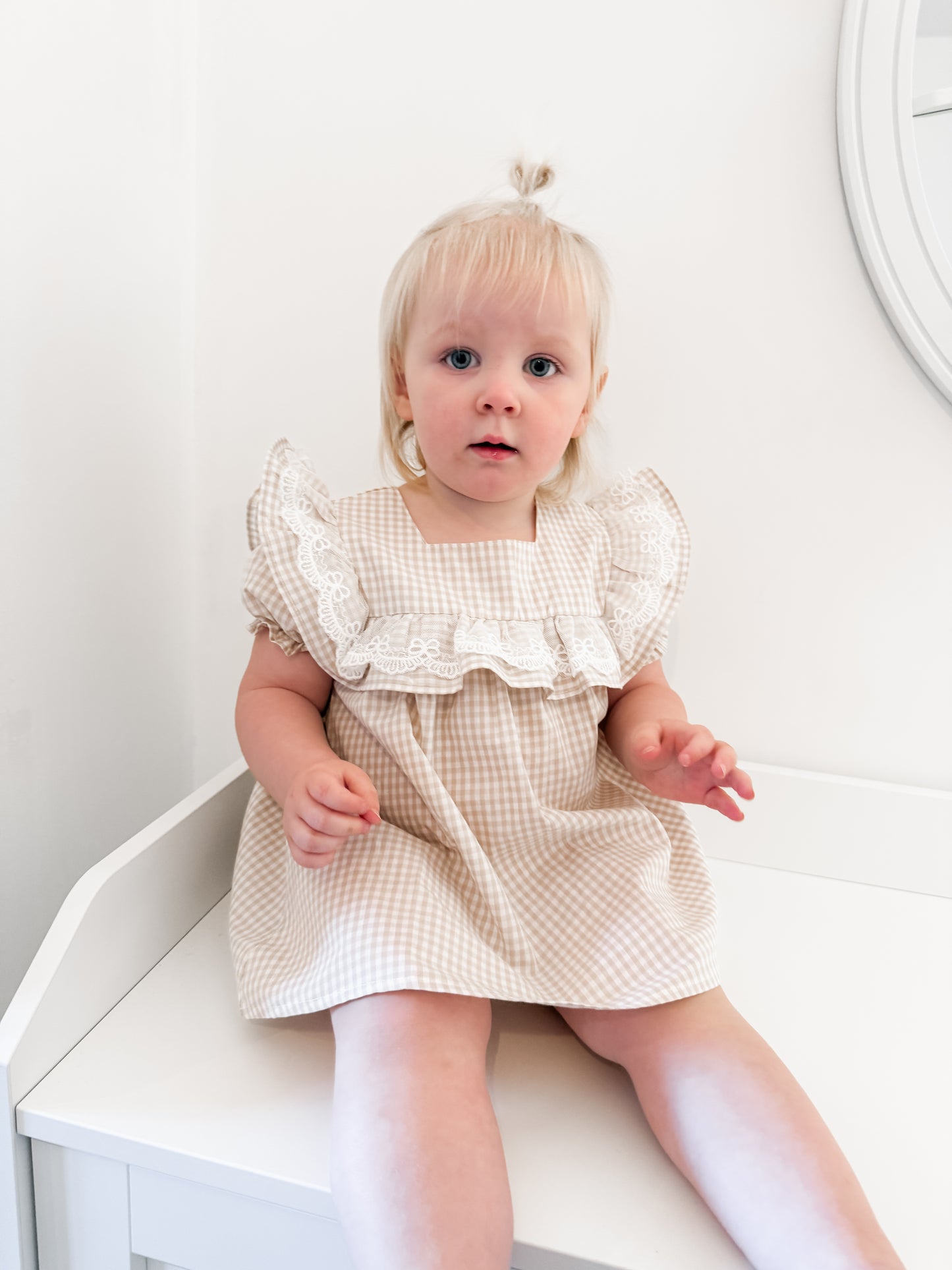 Beige Gingham Bow Dress