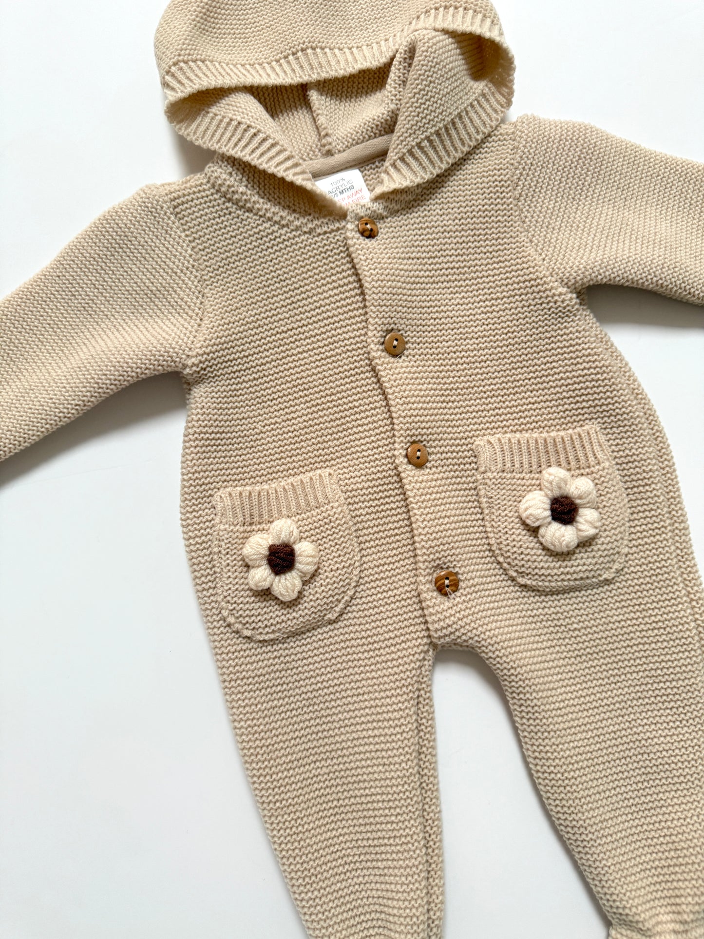 Knitted Beige Crochet Cream Flower Pram Suit