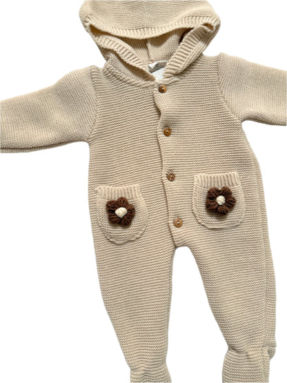Knitted Beige Crochet Brown Flower Pram Suit