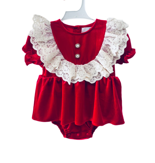 Christmas Red Velour Lace Skirted Romper