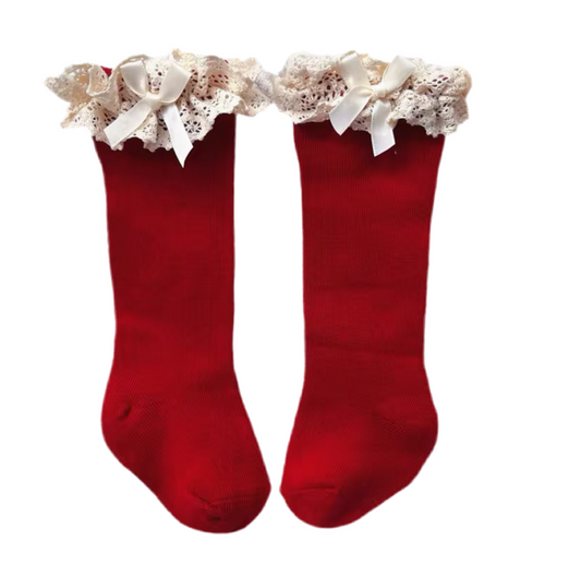 Knee High Red Lace Bow Socks