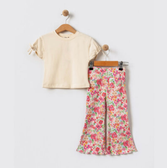 Beige Top & Floral Flares Set