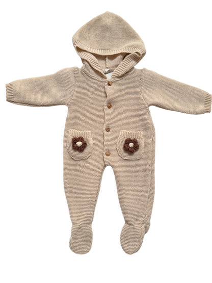 Knitted Beige Crochet Brown Flower Pram Suit