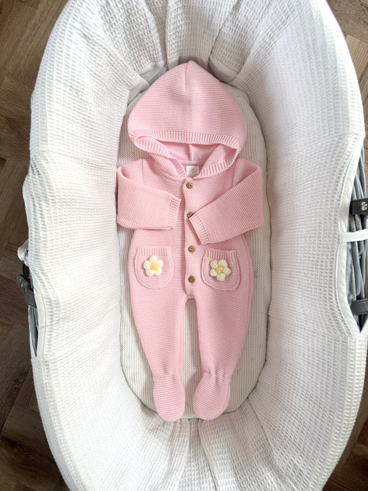 Knitted Pink Crochet White Flower Pram Suit
