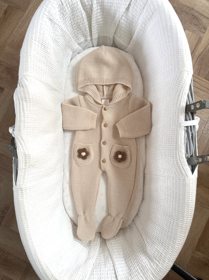 Knitted Beige Crochet Brown Flower Pram Suit